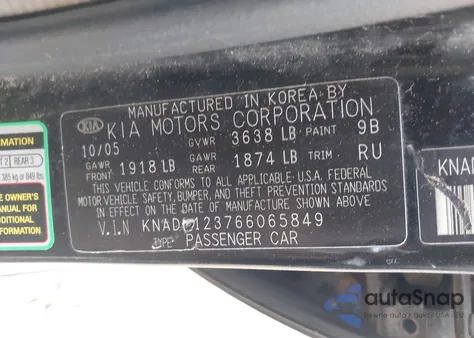 2006 Kia Rio Lx z USA, uszkodzony, nr VIN KNADE123766065849